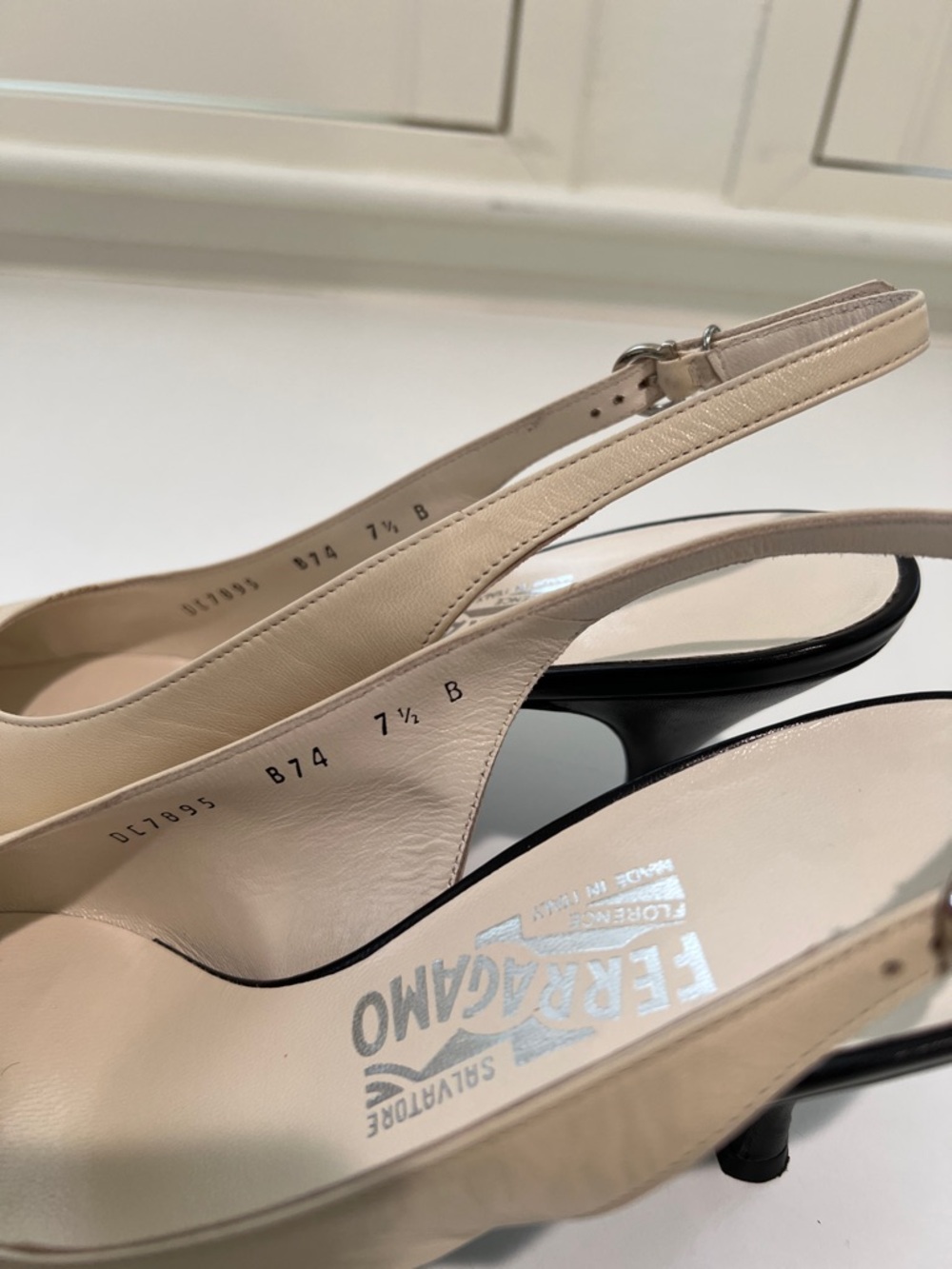 Salvatore Ferragamo Beige and Black Pointed-Toe Slingback Pumps - Picture 5 of 5